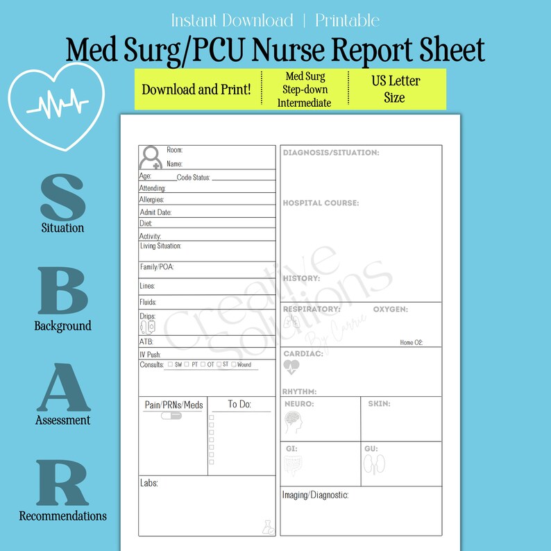 Nurse Report Sheet Med Surg PCU Acute Care RN Report Etsy