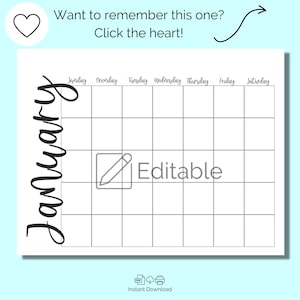 Pode incluir: Um calend&aacute;rio de janeiro imprim&iacute;vel em preto e branco com uma grade em branco para cada dia da semana. O calend&aacute;rio &eacute; edit&aacute;vel e inclui o texto "Editable".