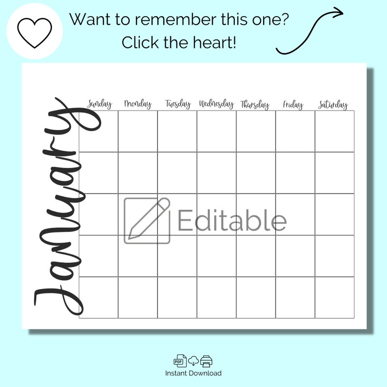 Calendar Template, Editable, 12 Month Blank Calendars, Undated, Instant ...