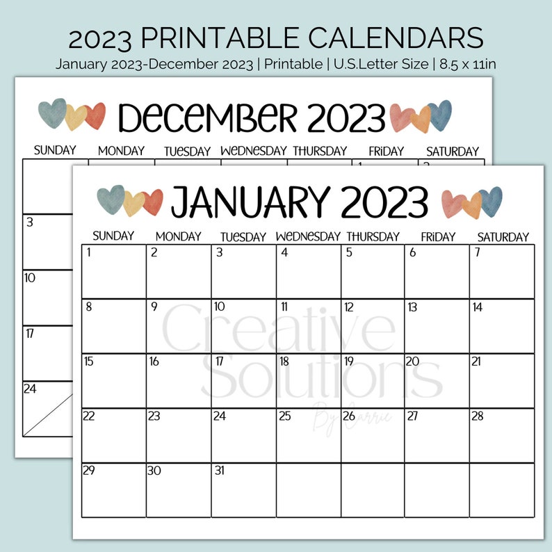 2023 Printable Calendars January 2023 December 2023 Yearly Etsy Canada