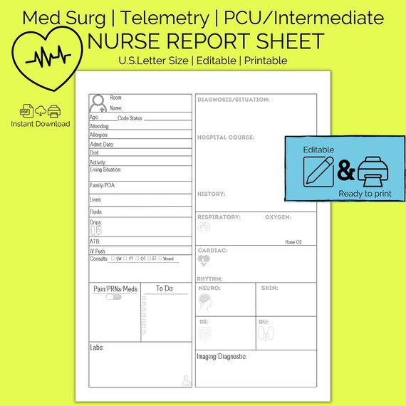 Nurse Report Sheet Editable Printable Med Surg PCU Acute Etsy Canada