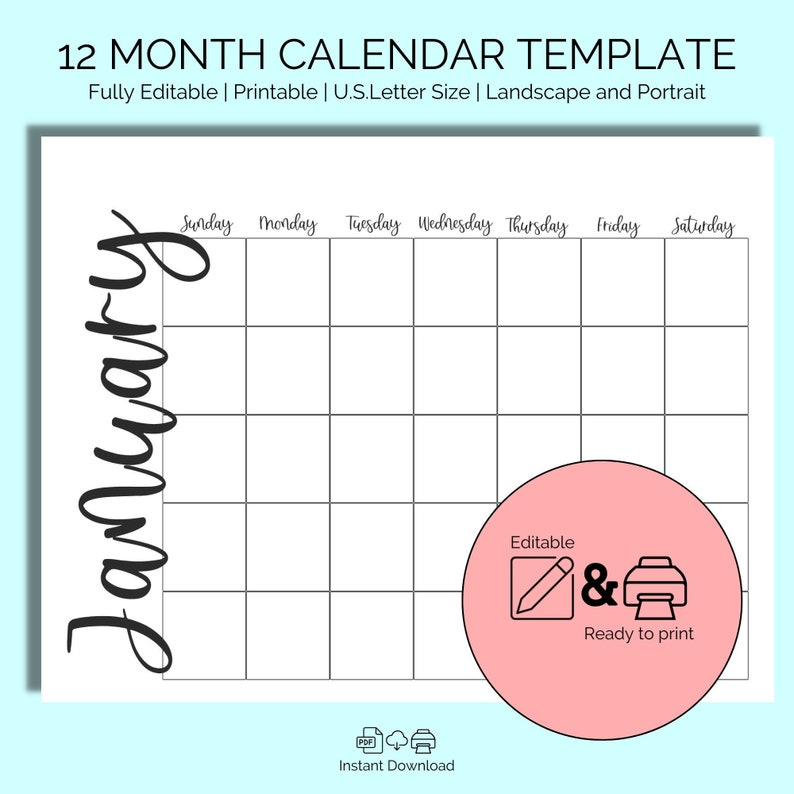 Pode incluir: Um modelo de calend&aacute;rio imprim&iacute;vel para janeiro. O calend&aacute;rio est&aacute; em orienta&ccedil;&atilde;o paisagem e tem um design em preto e branco. O texto "janeiro" est&aacute; escrito em it&aacute;lico no lado esquerdo do calend&aacute;rio. O calend&aacute;rio &eacute; edit&aacute;vel e pronto para imprimir.