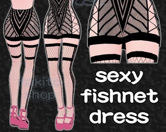 May include: A black fishnet dress with a geometric pattern. The dress has a halter neckline and a short skirt. The model is wearing black fishnet stockings and pink high heels. The text "sexy fishnet dress" is written in white letters on a black background.