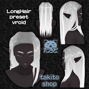 May include: A digital illustration of a white long hair preset for the Vroid avatar creation software. The image shows the hair from the front, back, and side views. The text "LongHair preset vroid" and "takito shop" are also included in the image.