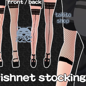 May include: Four different views of black fishnet stockings with a black lace trim at the top. The stockings are shown on a model's legs. The text "front / back" is at the top of the image. The text "takito shop" is in the upper right corner of the image. The text "fishnet stockings" is at the bottom of the image.