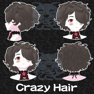May include: Four different views of a character with dark brown, messy, and curly hair. The character is wearing a black lace choker with a red rose and a black bow. The background is a dark floral pattern.