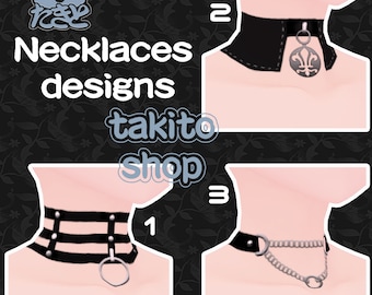 May include: Three different choker necklace designs. The first is a black choker with a silver buckle and a silver ring. The second is a black leather choker with a silver pendant. The third is a black choker with a silver chain.