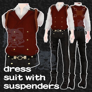 Puede incluir: Un chaleco rojo con una camisa blanca y pantalones negros. El chaleco tiene un cierre de doble botonadura y botones dorados. Los pantalones tienen un cinturón con una hebilla dorada y tirantes. El texto "dress suit with suspenders" está en la parte inferior de la imagen.