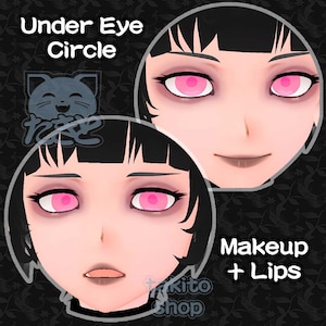Puede incluir: Dos imágenes de un rostro femenino con cabello negro y ojos rosas. La imagen superior muestra el rostro con maquillaje y labios. La imagen inferior muestra el rostro con ojeras.