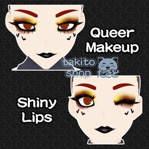 May include: Two close-up images of a face with makeup. The top image has red and yellow eyeshadow with black eyeliner and black lipstick. The bottom image has red and yellow eyeshadow with black eyeliner and black lipstick. The text "Queer Makeup" is above the top image and the text "Shiny Lips" is below the bottom image.