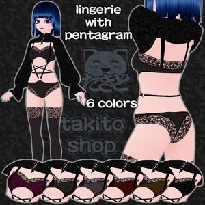 May include: Black lingerie set with a pentagram design, featuring a bra, high-waisted bottoms, and a long-sleeved top. The image displays the lingerie in six different colors, with the text "lingerie with pentagram" and "6 colors".