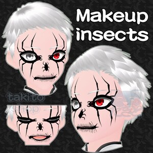 May include: Three different close-up images of a person's face with white hair and black and red spider web makeup. The text "Makeup insects" is at the top of the image.