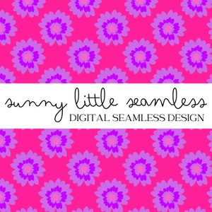 May include: A digital seamless design featuring a repeating pattern of stylized purple and pink flowers on a bright pink background. The text "sunny little seamless DIGITAL SEAMLESS DESIGN" is displayed on a white banner.