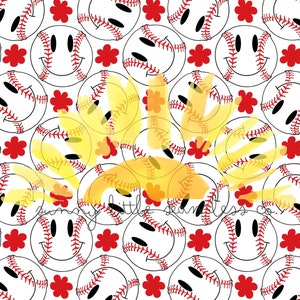 May include: A seamless pattern featuring white baseballs with red stitching and a smiling face. The background is white with red flowers.