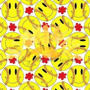 Puede incluir: Un patrón sin costuras con una pelota de softball amarilla con una cara sonriente y flores rojas sobre un fondo blanco.