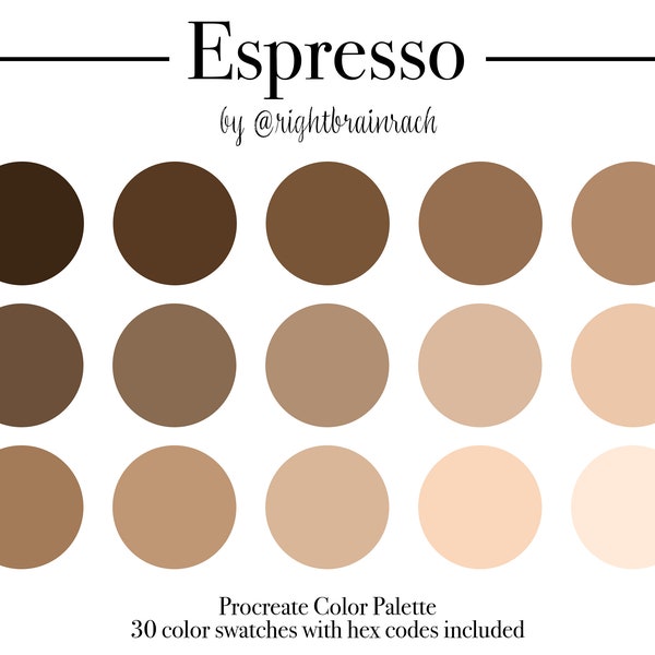 Espresso Procreate Color Palette | 30 Color Swatches | Neutral, Nude, Brown/Beige/Tan Digital Download Swatches for Branding, Graphic Design