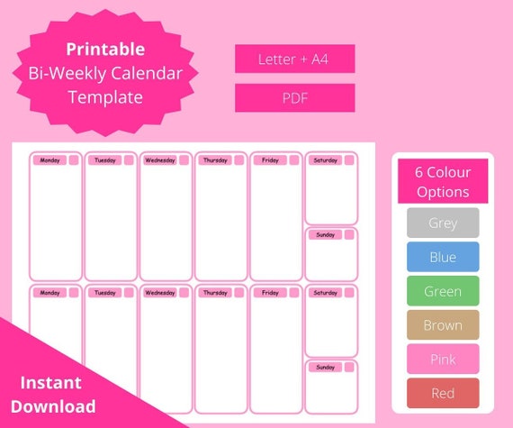 Printable Bi-weekly Calendar Template Horizontal Design - Etsy Canada