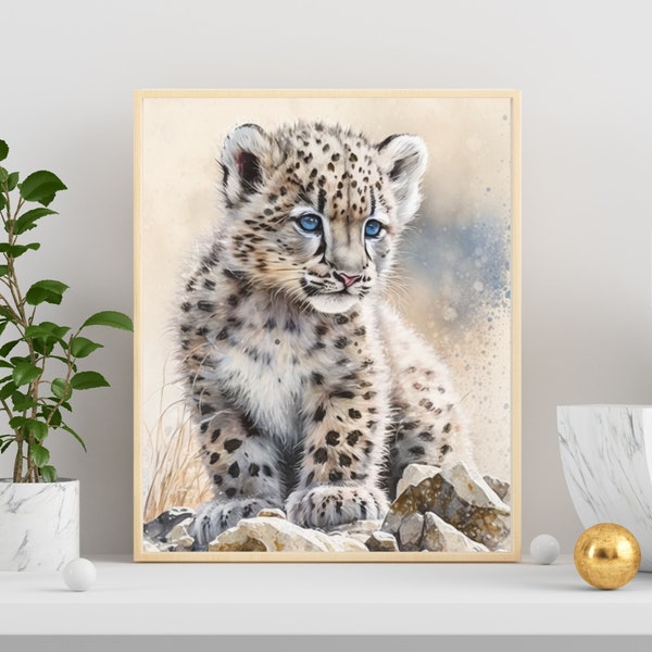 Snow Snow Leopard Cub Art Print, Snow Leopard Wall Art, Snow Leopard Artwork for Home Wildlife Animal Decor, Nursery Wall Art Prints & Decor