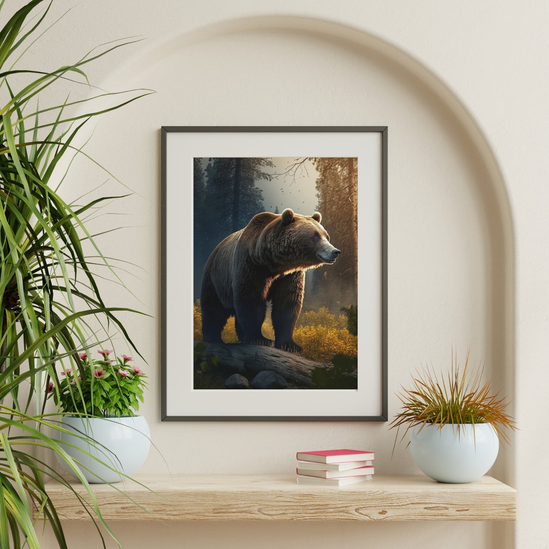 Grizzly Bear in Forest Digital Art Print Bear Artwork Bear Wall Art for