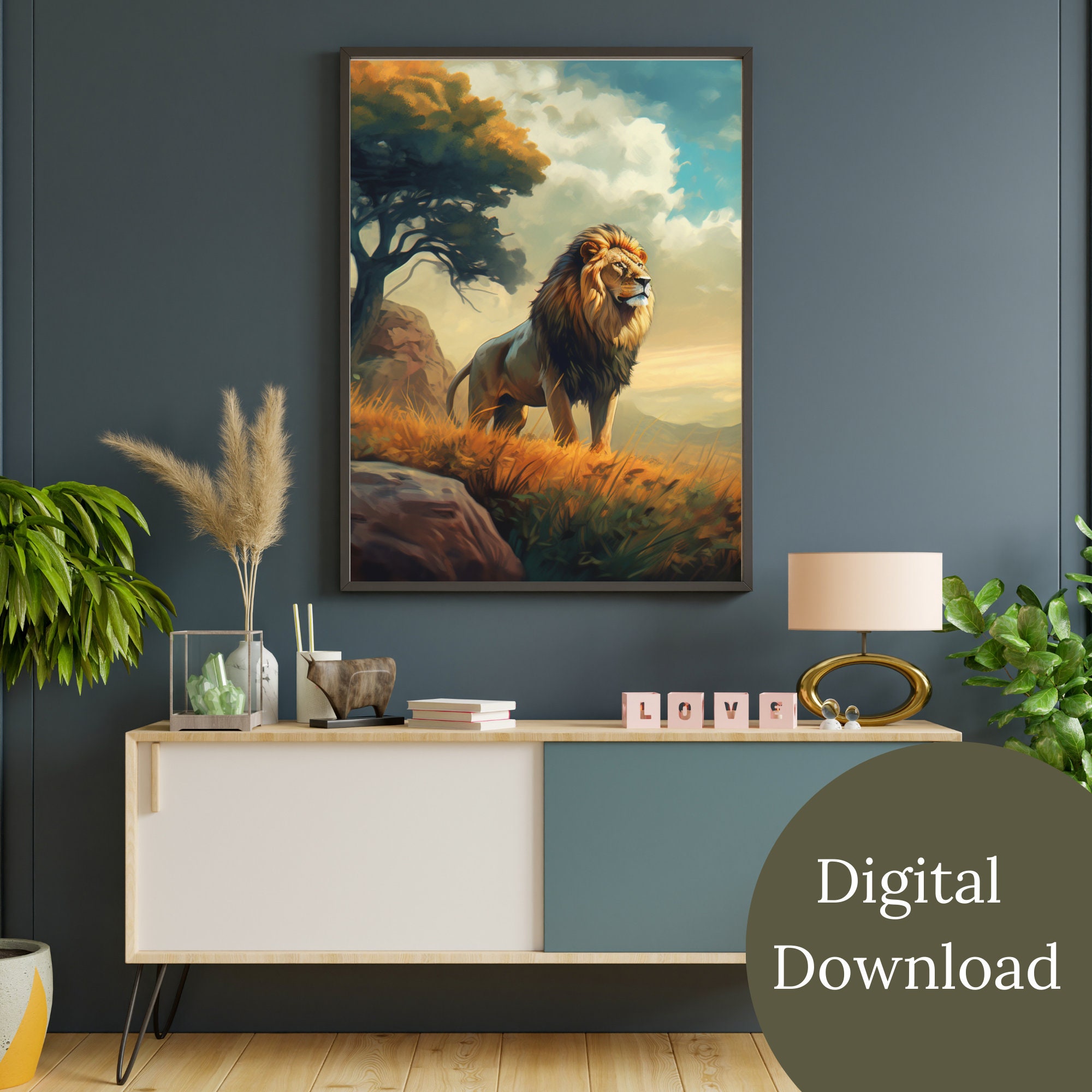 African Lion Art Print Wildlife Art Lion Wall Art for Home Office Decor
