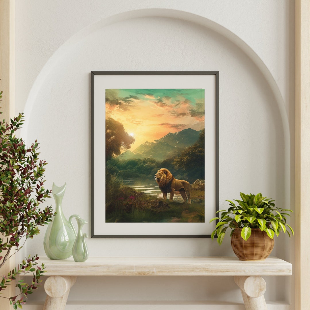 African Lion Art Print Wildlife Wall Art Lion Art for Home Office Decor