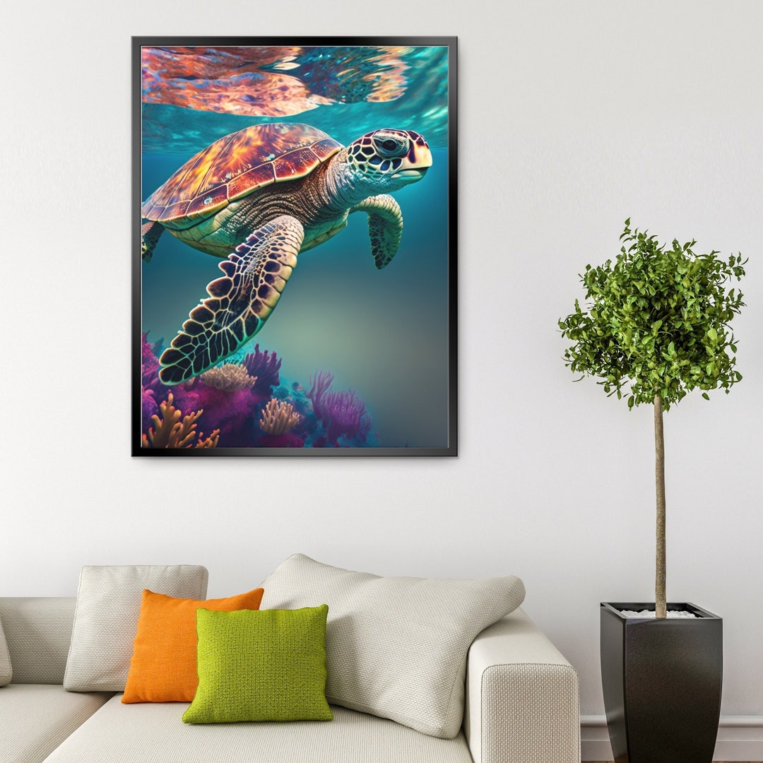 Colorful Sea Turtle Digital Art Print Sea Turtle Artwork Ocean Wall Art