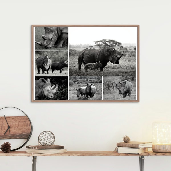 Black & White Rhino Photography Printable Wall Art, Nature Photography Collage, Rhino Photo Digital Download, Photo Collage, Art Print