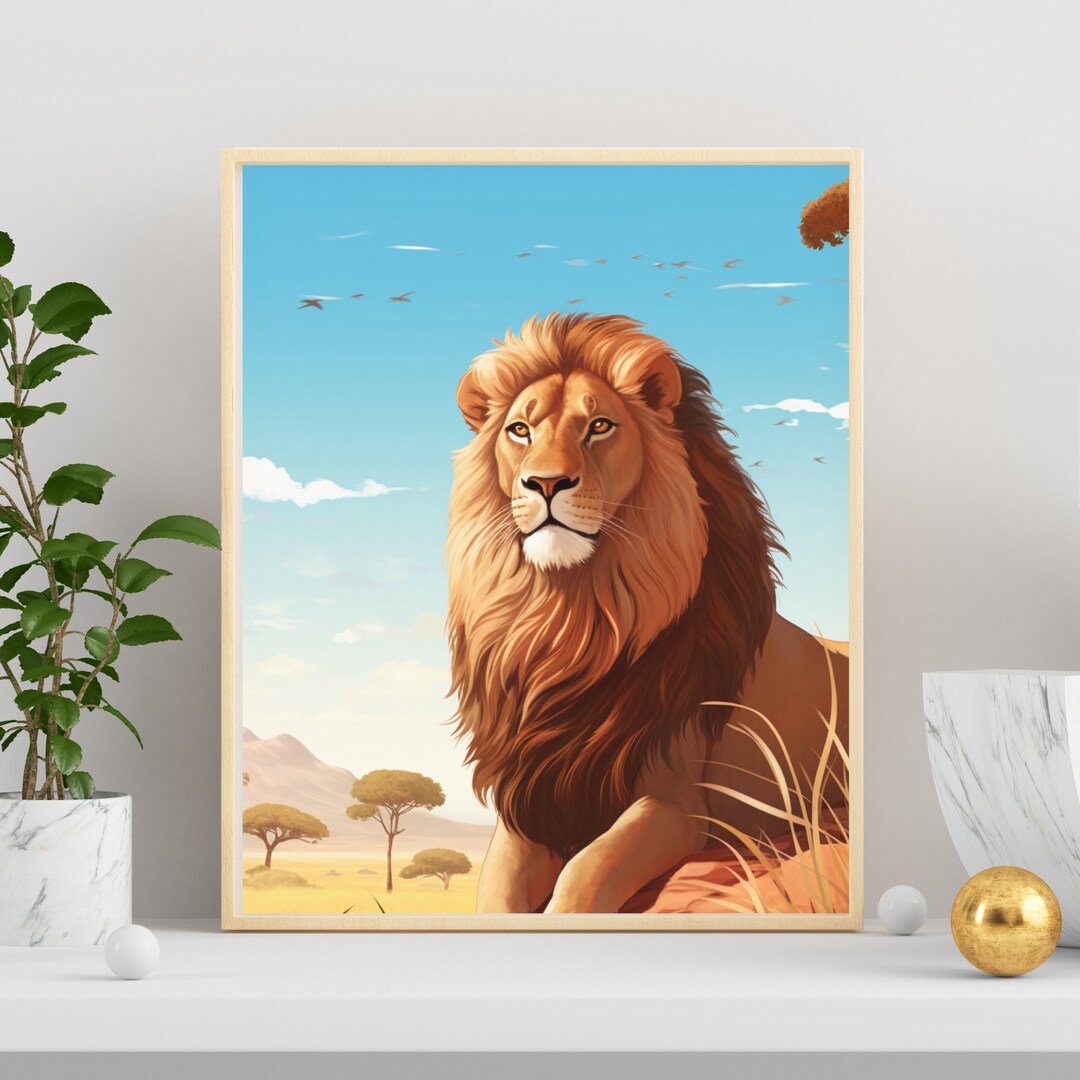 African Lion Art Print Wildlife Art Lion Wall Art for Home Office Decor