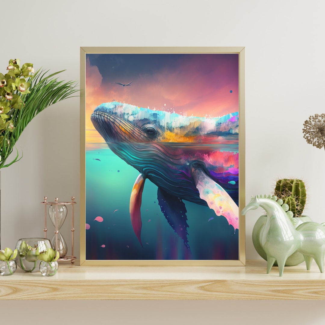 Rainbow Whale Digital Download Art Print Ocean Themed Wall Art for Home