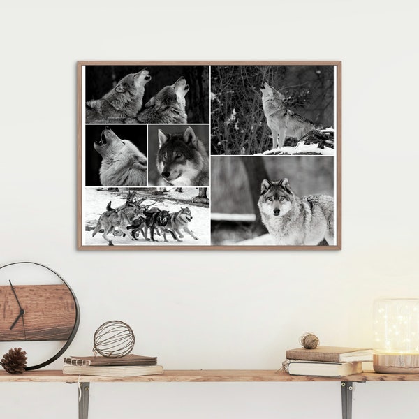Black & White Wolf Photography Printable Wall Art Collage Nature Photography Collage, Wolf Photo Digital Download, Photo Collage, Art Print,