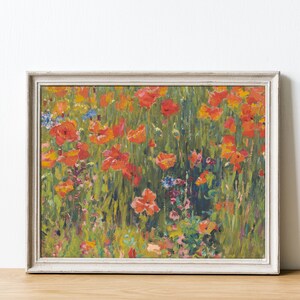 Poppies in the Field Vintage Floral Landscape Antique Oil Painting Wildflowers Farmhouse Wall Art Poppy Garden Downloadable Print image 4