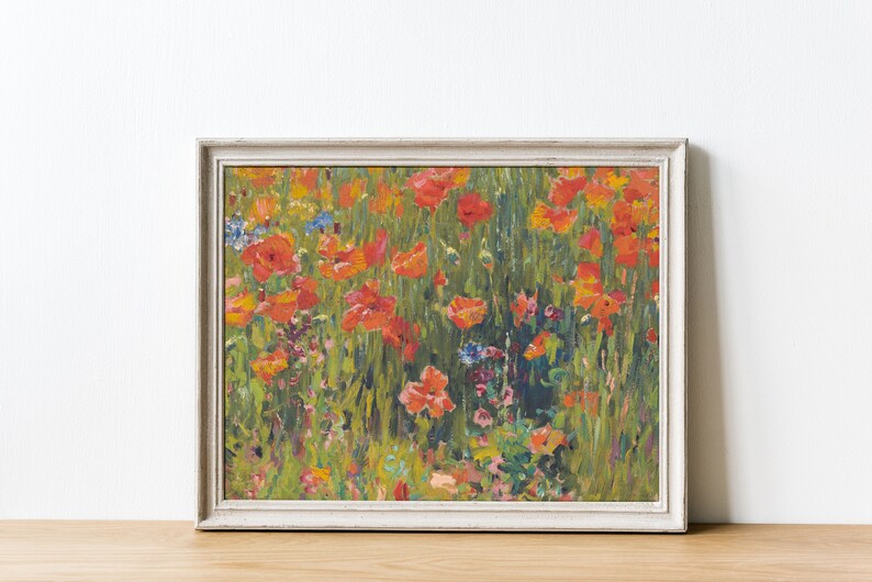 Poppies in the Field Vintage Floral Landscape Antique Oil Painting Wildflowers Farmhouse Wall Art Poppy Garden Downloadable Print image 4