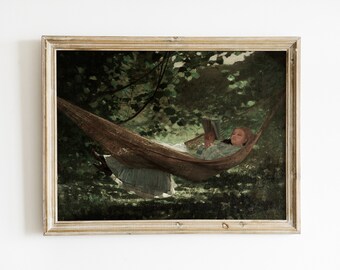 Vintage Girl Reading in Hammock Painting | Printable Rustic Art (PDF)