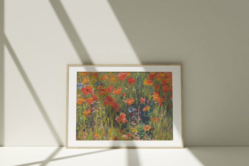 Poppies in the Field Vintage Floral Landscape Antique Oil Painting Wildflowers Farmhouse Wall Art Poppy Garden Downloadable Print image 3