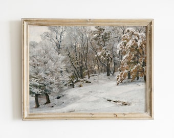 Vintage Painting of Snowy Woods Landscape | White Winter Holiday Wall Decor | Nauture Art Printable | Landscape Snowy