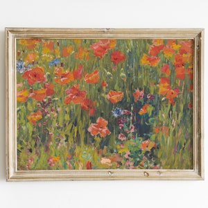 Poppies in the Field Vintage Floral Landscape Antique Oil Painting Wildflowers Farmhouse Wall Art Poppy Garden Downloadable Print image 1