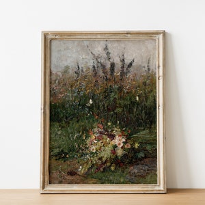 Pode incluir: Uma pintura a &oacute;leo emoldurada que retrata um prado verde exuberante com um buqu&ecirc; de flores silvestres em primeiro plano. A pintura &eacute; colocada sobre um fundo de gram&iacute;neas altas e &aacute;rvores, criando uma sensa&ccedil;&atilde;o de profundidade e tranquilidade.
