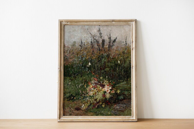 Pode incluir: Uma pintura a &oacute;leo emoldurada que retrata um prado verde exuberante com um buqu&ecirc; de flores silvestres em primeiro plano. A pintura &eacute; colocada sobre um fundo de gram&iacute;neas altas e &aacute;rvores, criando uma sensa&ccedil;&atilde;o de profundidade e tranquilidade.
