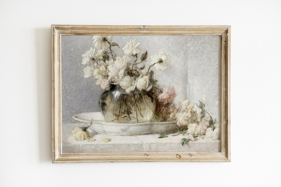 Vintage Painting of White Roses in a Glass Vase | Still Life Rose Wall ...