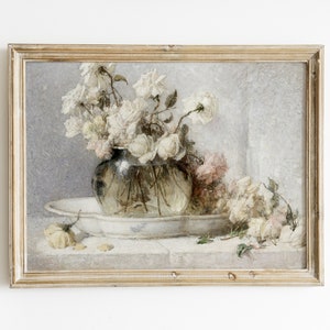 Vintage Painting of White Roses in a  Glass Vase | Still Life Rose Wall Decor | Roses Vase Painting | Farmhouse Decor | Digital Art