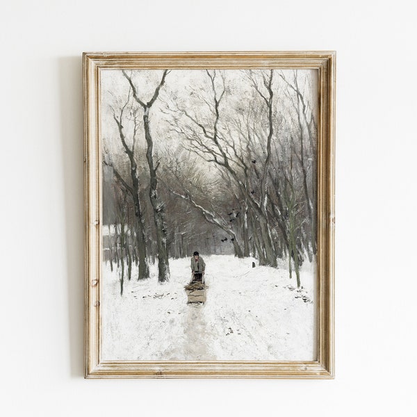 Vintage Winter Forest Painting | Winter  Snowy Landscape | Antique Winter Wall Decor | Snowy Landscape | Snow Sled Printable | Holiday Art