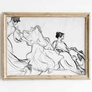 Vintage Woman Dancing Sketch | Women Sketch Drawing | Sketch Scribbled | Vintage Neutral Print | Antique Sketch Dancing Women | Printable