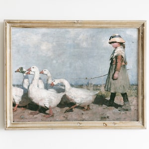 Girl with Goose Vintage Painting | The Goose Girl Print | Vintage Farmhouse painting | Nursery Room Rustic Wall Art | DIGITAL DOWNLOAD