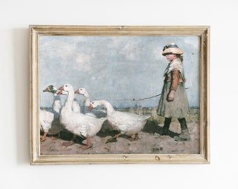 Goose Girl Vintage Painting | Farmhouse Nursery Art (Digital Download)