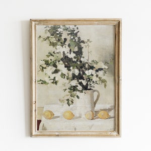 Rustic French Country Flower and Lemon Painting | Floral Oil Painting | Vintage Farmhouse Kitchen Art Print | Neutral Cottage Decor