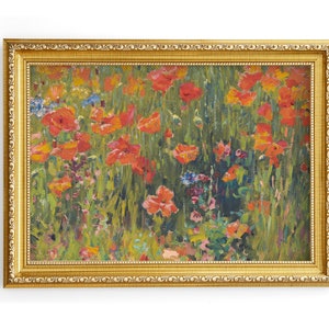 Poppies in the Field Vintage Floral Landscape Antique Oil Painting Wildflowers Farmhouse Wall Art Poppy Garden Downloadable Print image 2