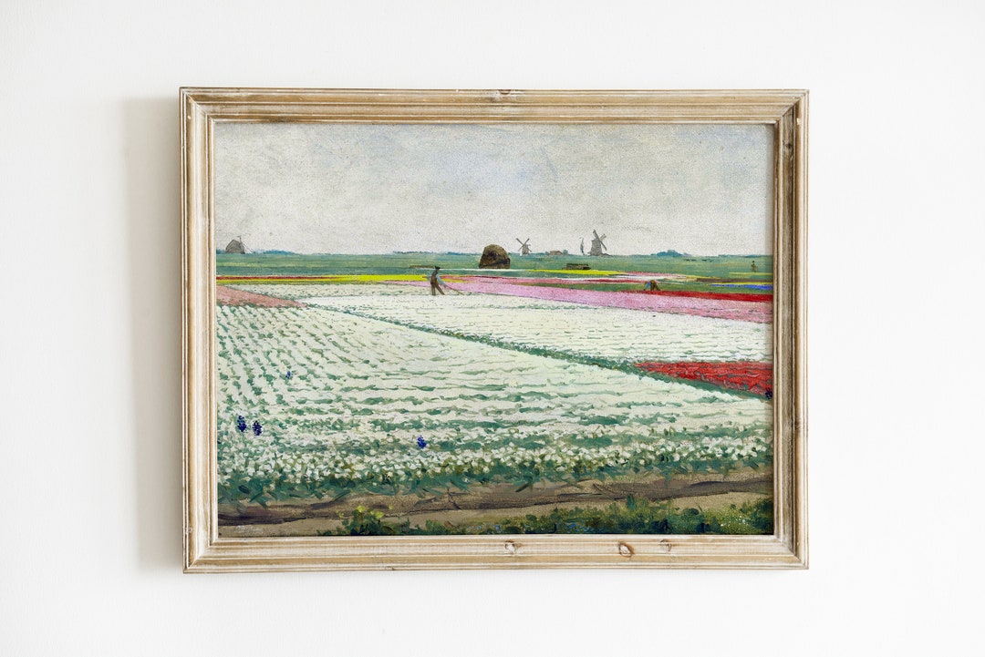 Vintage Landscape Painting of Tulip Fields - Farmhouse Wall Decor - Art ...