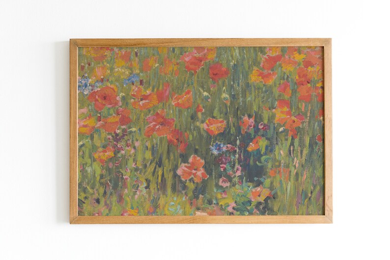 Poppies in the Field Vintage Floral Landscape Antique Oil Painting Wildflowers Farmhouse Wall Art Poppy Garden Downloadable Print image 5