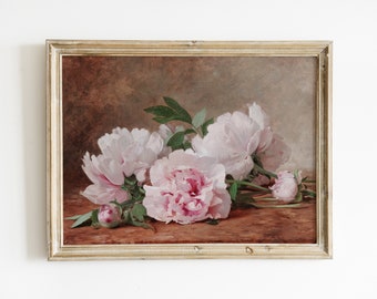 Vintage Pink Peonies Still Life Painting | Antique Floral Print (Digital Printable)