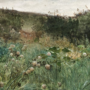 May include: An impressionistic painting of a field with tall green grass, various wildflowers, and a distant treeline. The sky is overcast, and the overall color palette is muted greens, browns, and whites.